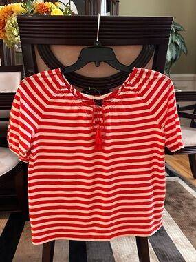 J. Crew Red and White Striped Tassel Drawstring Top. New ,runs big